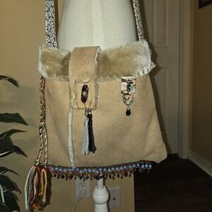 OOAK Upcycled Hippie Faux Swede  Western BoHo Gypsy Festival Bag 12x12"